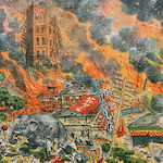 淺草公園十二階及花屋敷附近延燒之慘況<br>Spread of fire in Asakusa Park near the Twelve-Storey Tower and Hanayashiki amusement park<br>Source: Lithograph, 1923