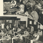 ミシン室, 裁縫室<br>Kuromon Primary School: Sewing machine room (left) and sewing room (right)<br>Source: 復興建築落成記念誌 東京市黑門尋常小學校, 1930