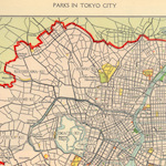 Map illustrating the location of large parks (newly constructed by the Bureau of Reconstruction), small parks (newly constructed by the Municipality of Tokyo), parks improved after the earthquake, and old parks. <br>Source: <i>The Reconstruction of Tokyo</i>, 1933